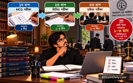 বার কাউন্সিলের তিন ধাপের পরীক্ষা (MCQ, লিখিত, ভাইভা) সম্পূর্ণ করতে সাধারণত কত সময় লাগে?