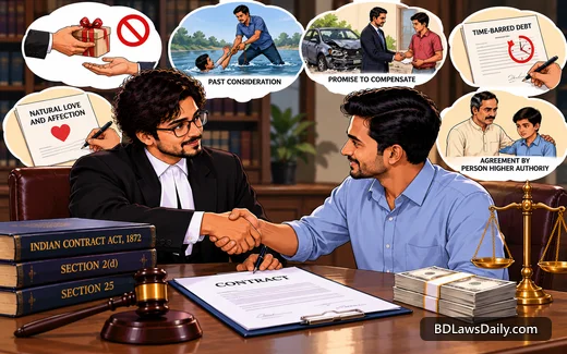 Consideration বা প্রতিদান কী? 'No consideration, no contract' নীতি ও চুক্তি আইনের ২৫ ধারার ব্যতিক্রম আলোচনা কর